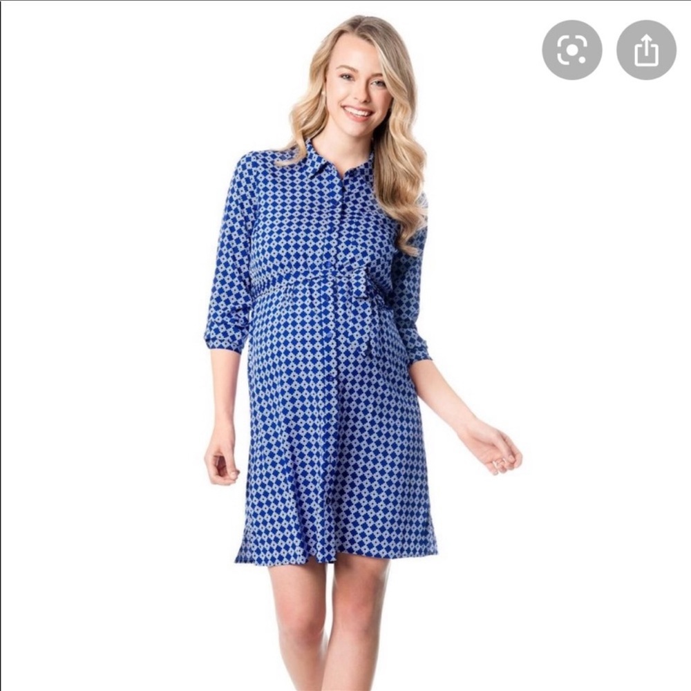 Blue and white patterned collar maternity dress